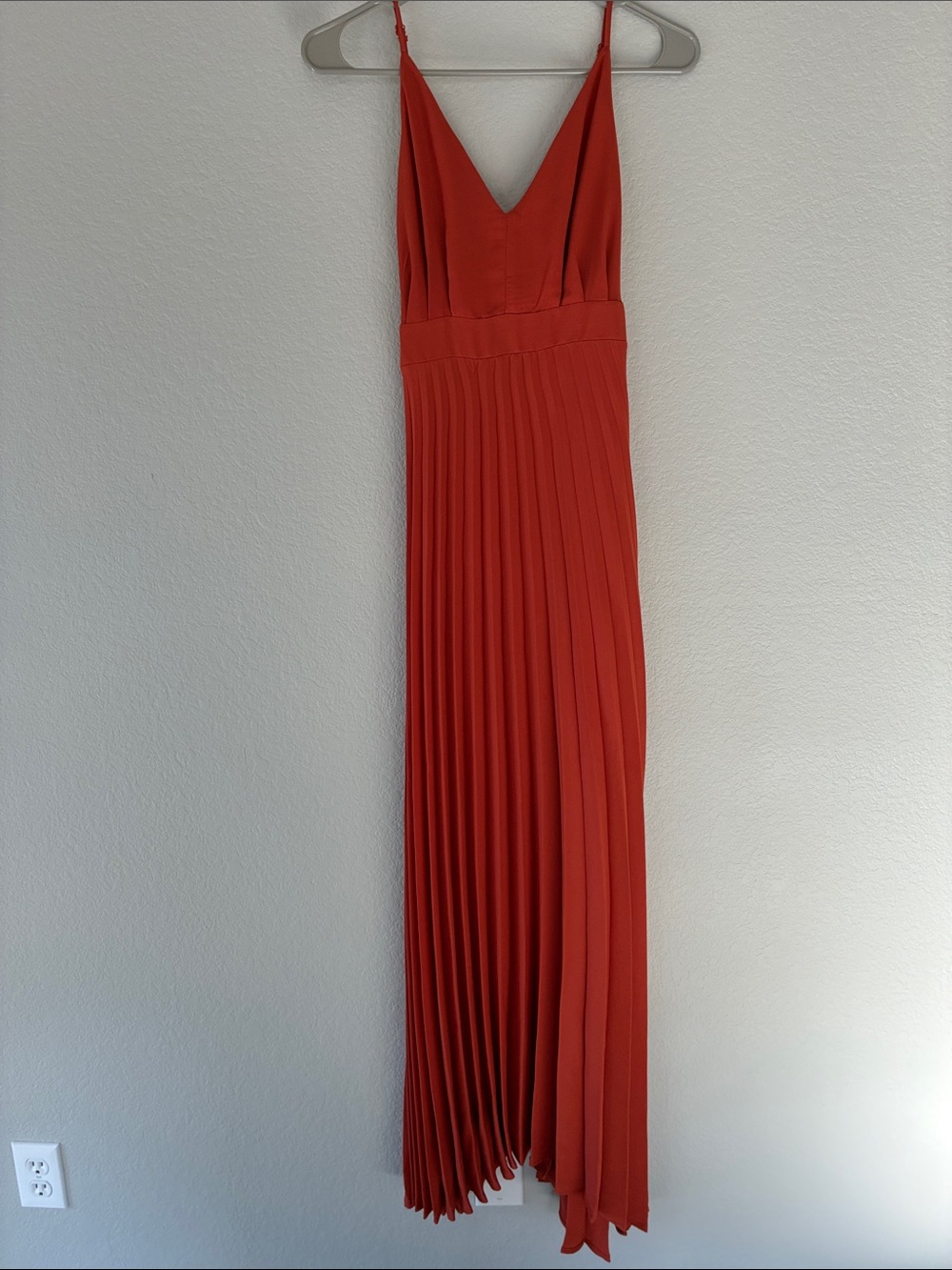 Pleated V-Neck Spaghetti Strap Maxi Dress in Rust Orange